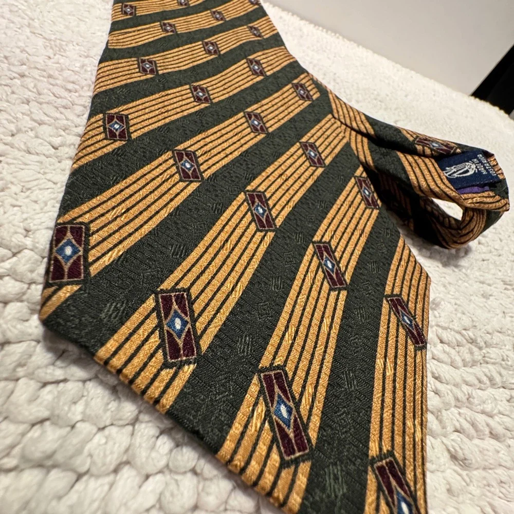Nautica Tie Gold Green Geometric Striped Silk Heritage Professional Art Deco